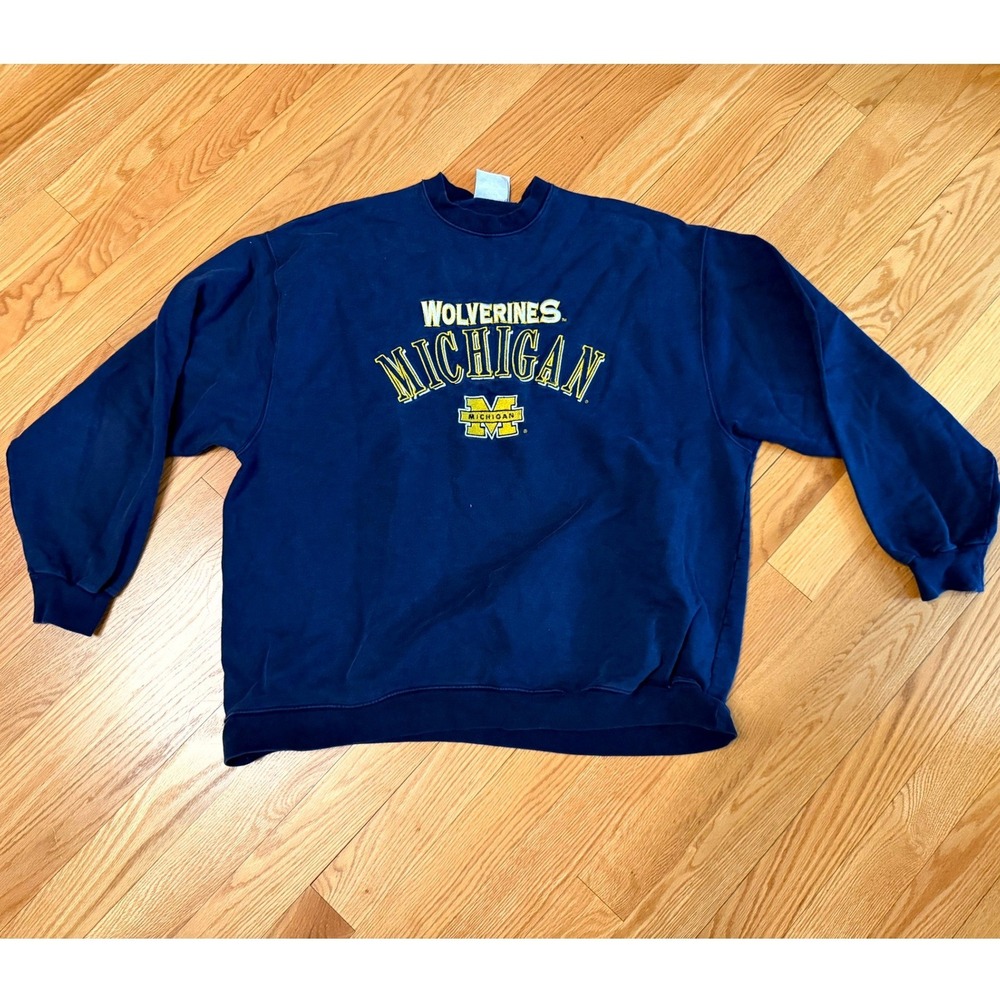 Vintage Logo Athletic Michigan Wolverines Sweatshirt Navy Blue Embroidered XXL